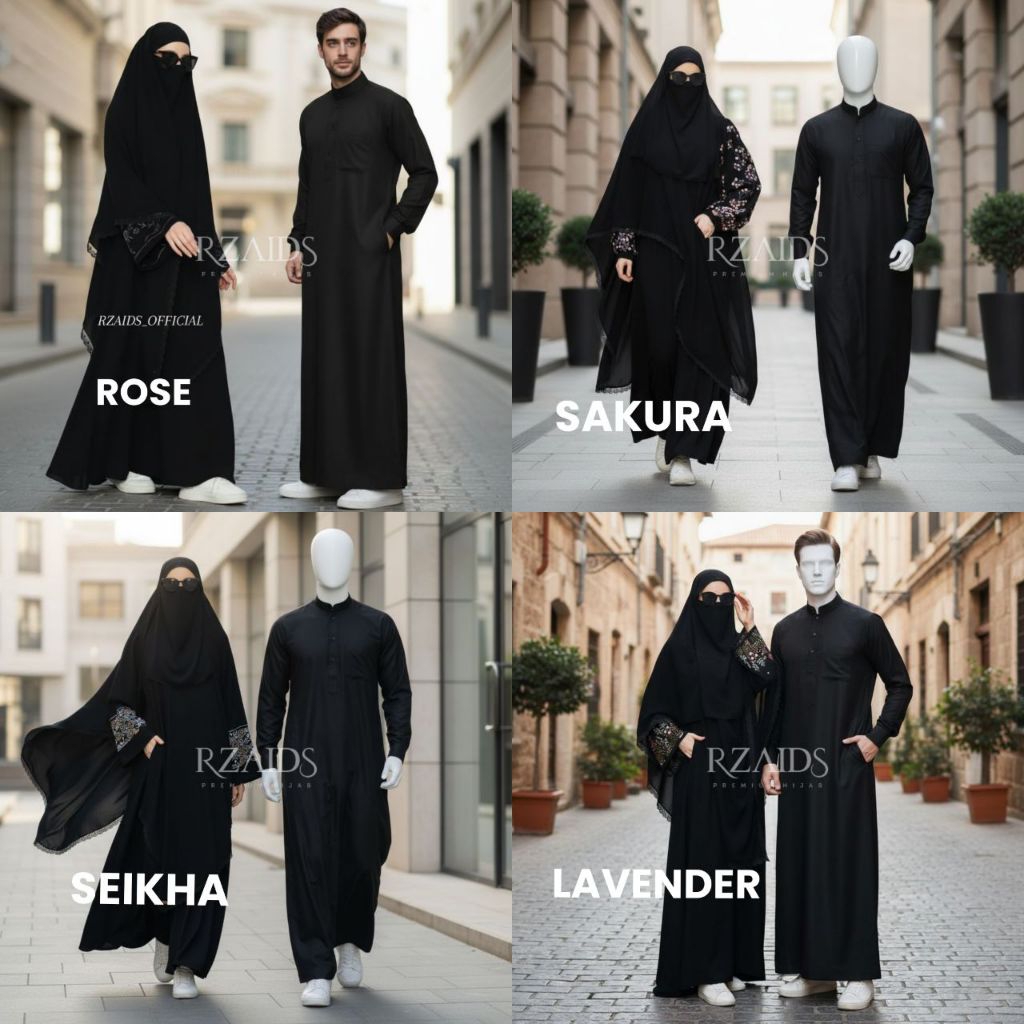 Abaya Couple Set Sarimbit Pasangan Koko Jubah Toyobo Lebaran Jetblack Premium Bordir Manual