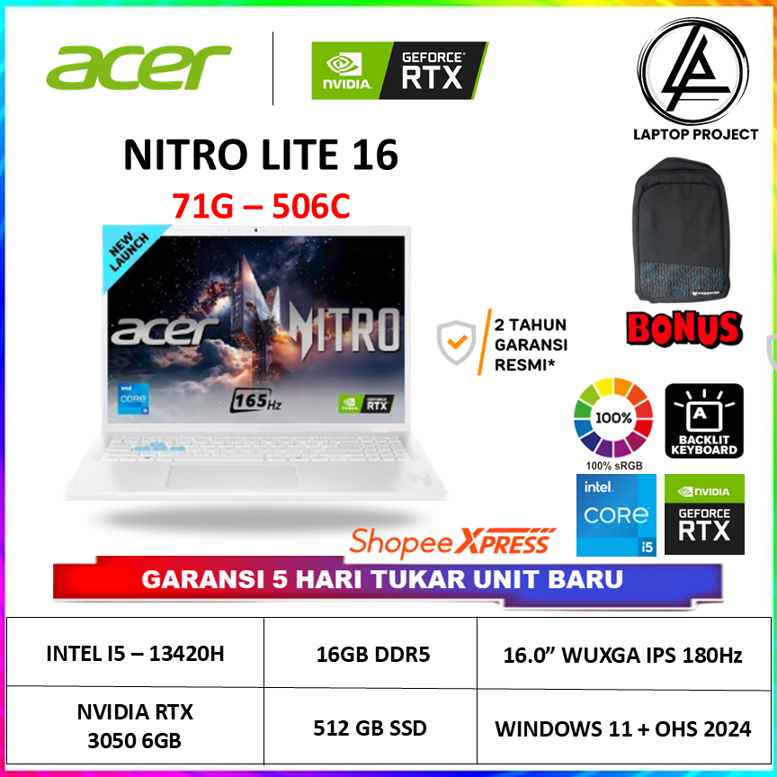 ACER NITRO LITE 16 NL16 71G 506C CORE I5 210H RTX 3050 6GB RAM 16GB SSD 512GB 16 WUXGA 180Hz W11 OHS