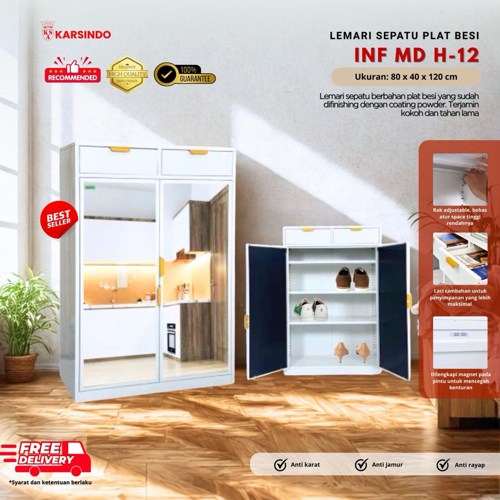 KARSINDO Lemari Rak Sepatu Kaca Plat Besi kabinet Serbaguna Full Cermin Warna Putih MD-H12