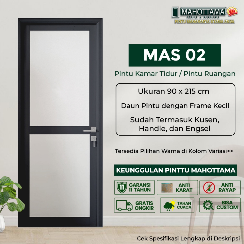 MAHOTTAMA - Pintu Rumah Kamar Tidur Kamar Mandi Aluminium 90 x 215cm Utama 1 Set Kunci Handle Engsel
