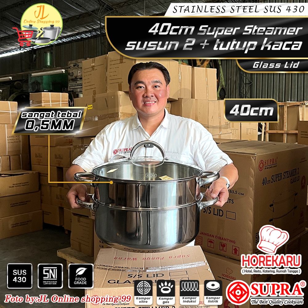 SUPRA Super Steamer 40cm Susun 2 Stainless Steel + Tutup kaca/ kukusan susun panci SUS 430