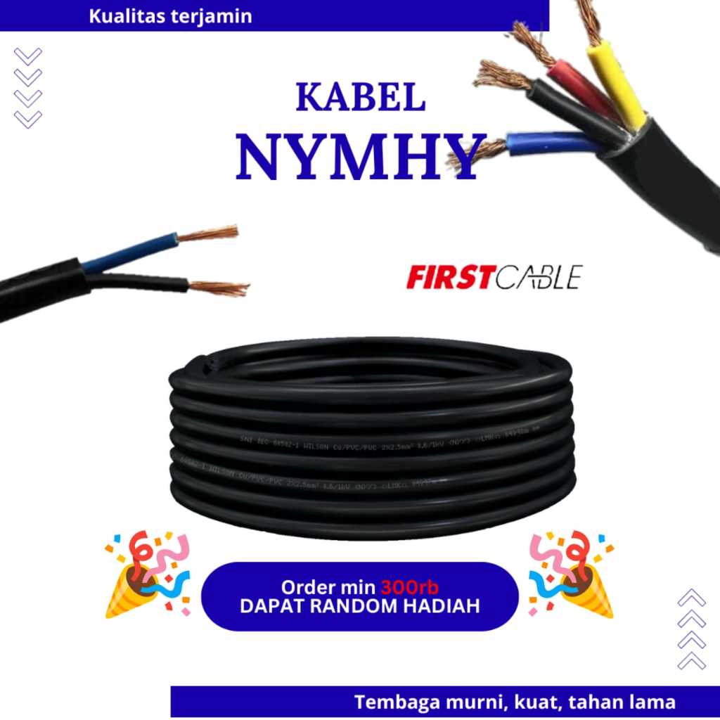 Kabel Listrik NYMHY (dari UK 3x0,75 - 3x2,5 mm2) [Per 1 meter] Hitam Serabut merek FIRST CABLE || NY