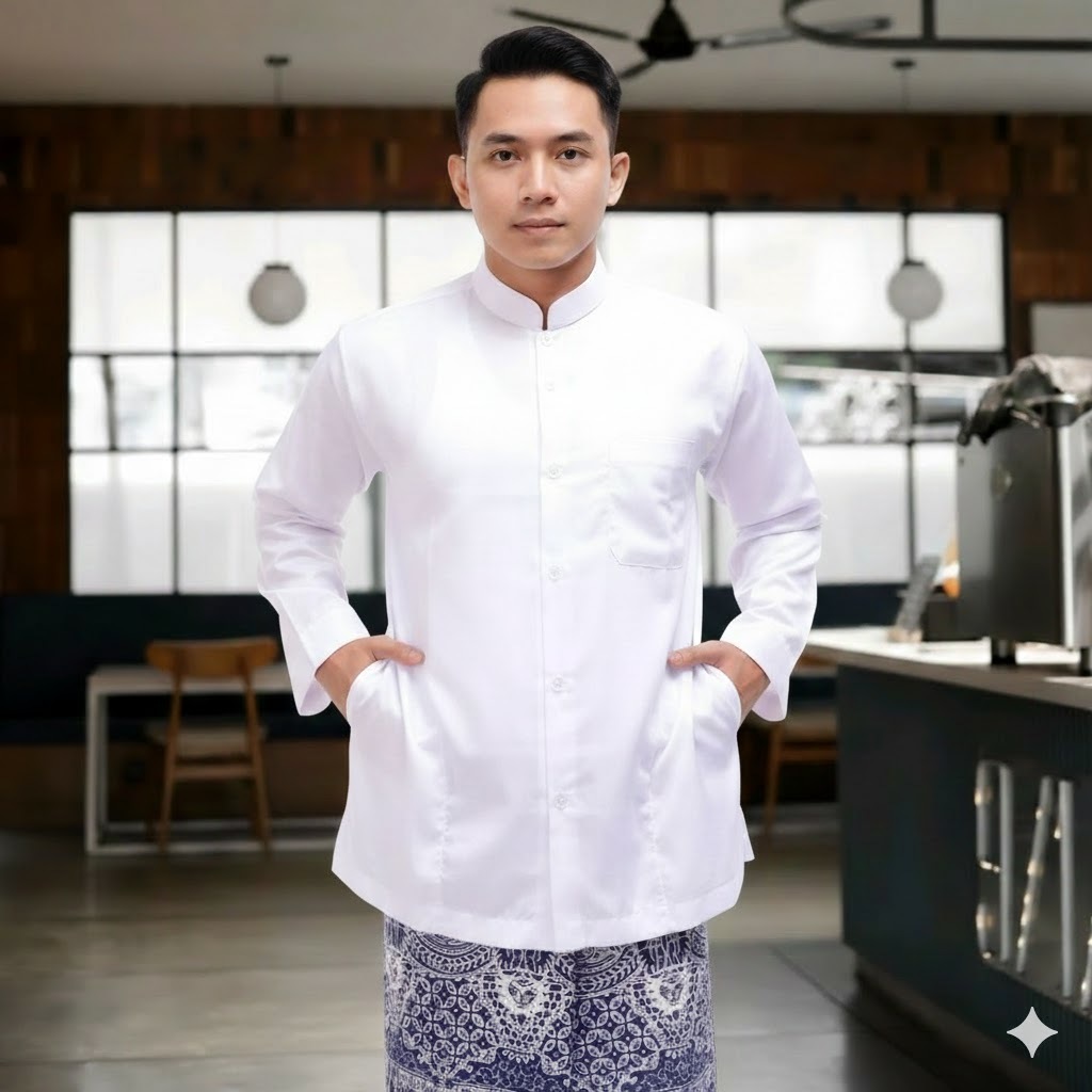 Baju Koko pria Haibah saku samping Lengan Panjang Bahan Toyobo Import Tebal Premium Koko Putih Polos