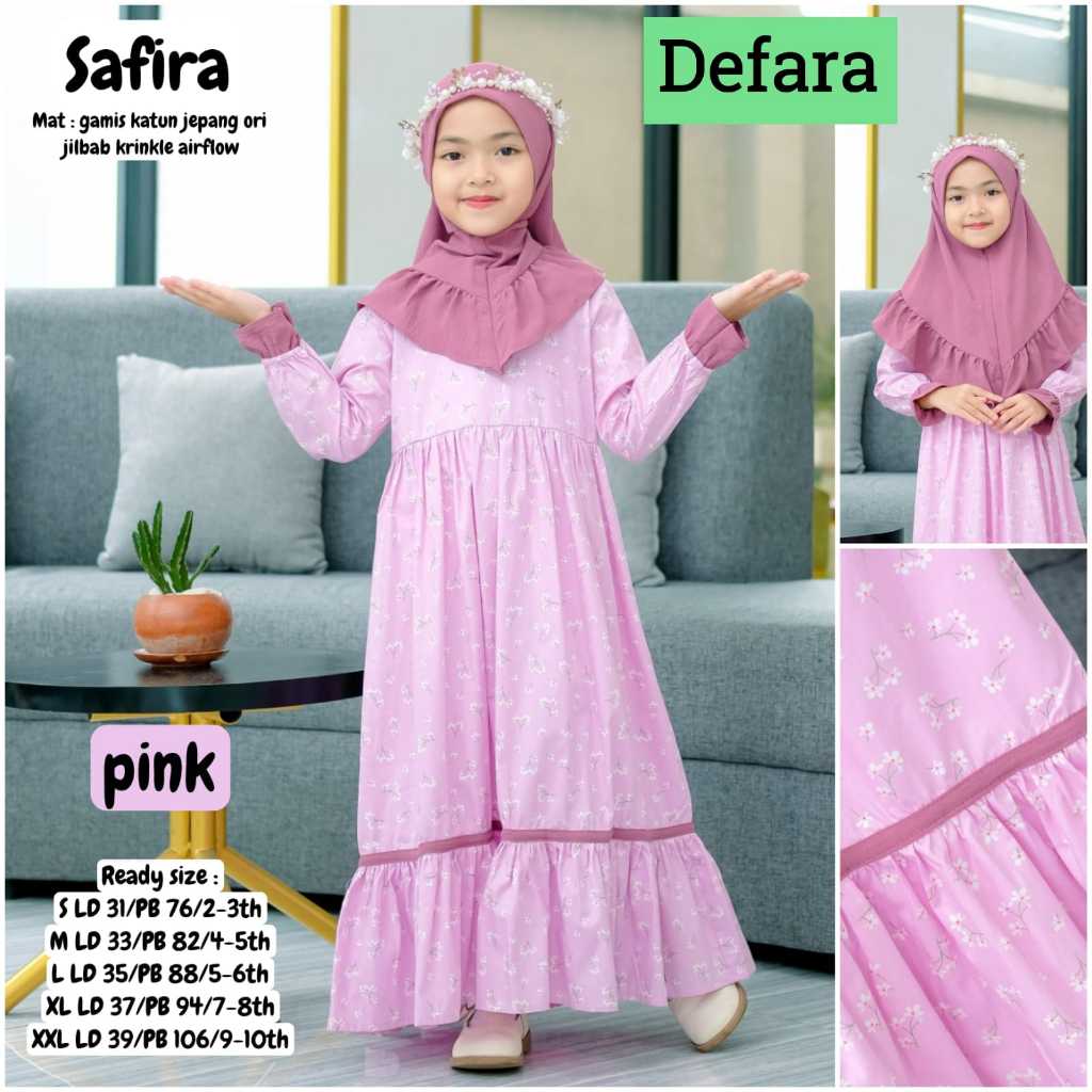 Safira Setelan Gamis Anak Perempuan Motif Bunga Original Defara Baju Muslimah Anak Katun Jepang Ori 