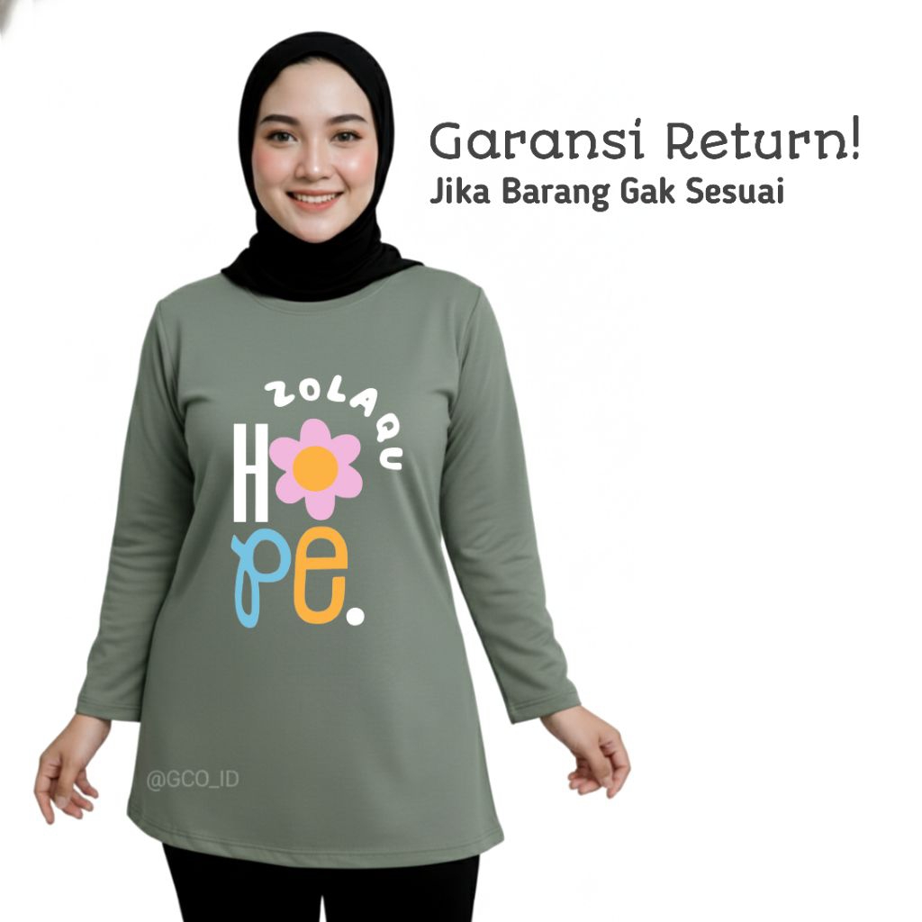 Kaos Semitunik Zolaqu Original Terbaru 2025 Hijau Sage | Oversize ZLQ Tunik Motif Sayap Lengan Panja