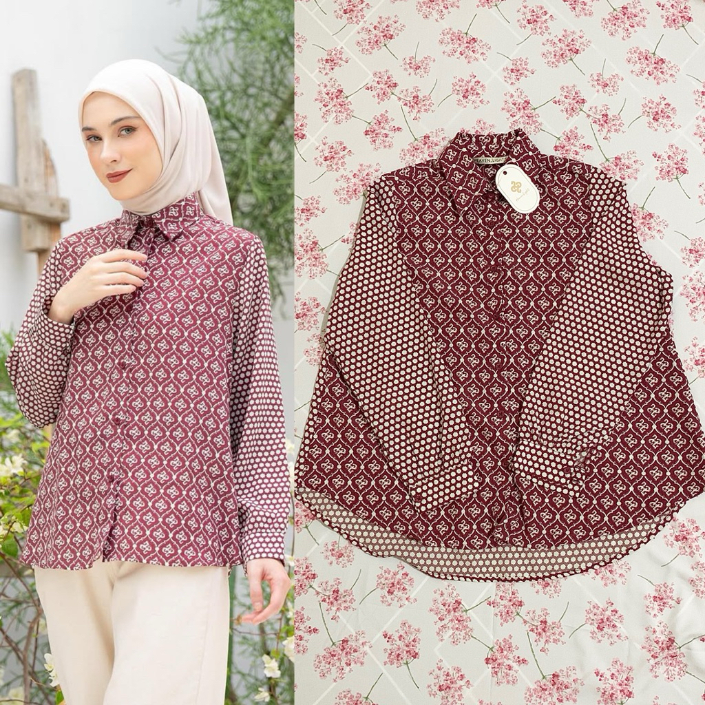 [NEW WITH TAG] Kalena Shirt by Heaven Lights HL - Cherry Size S // Signature Motif Kemeja Blouse Ata