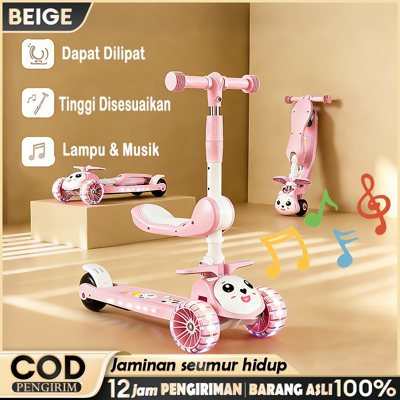 Skuter Anak Multifungsi Portable - Musik, Lampu, Kursi Footstep Aman Hadiah Anak 3-12 Tahun