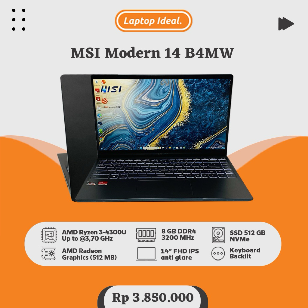 MSI Modern 14 B4MW (2021) SLIM Ryzen 3-4300U RAM 8 GB SSD 512 GB VGA RADEON FHD BACKLIT MULUS