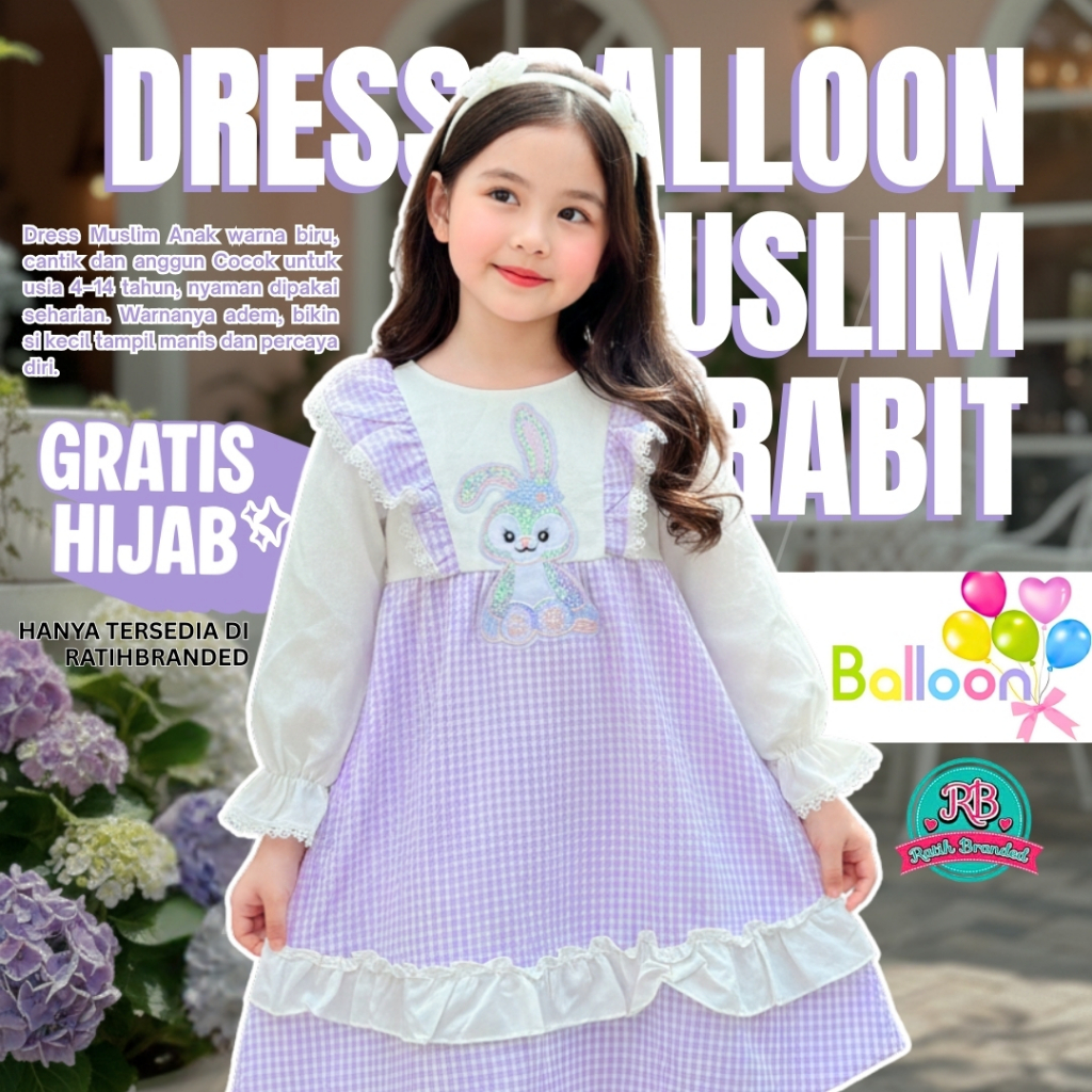 Dress Muslim Anak Balloon motif StellaLou Free Hijab Termurah