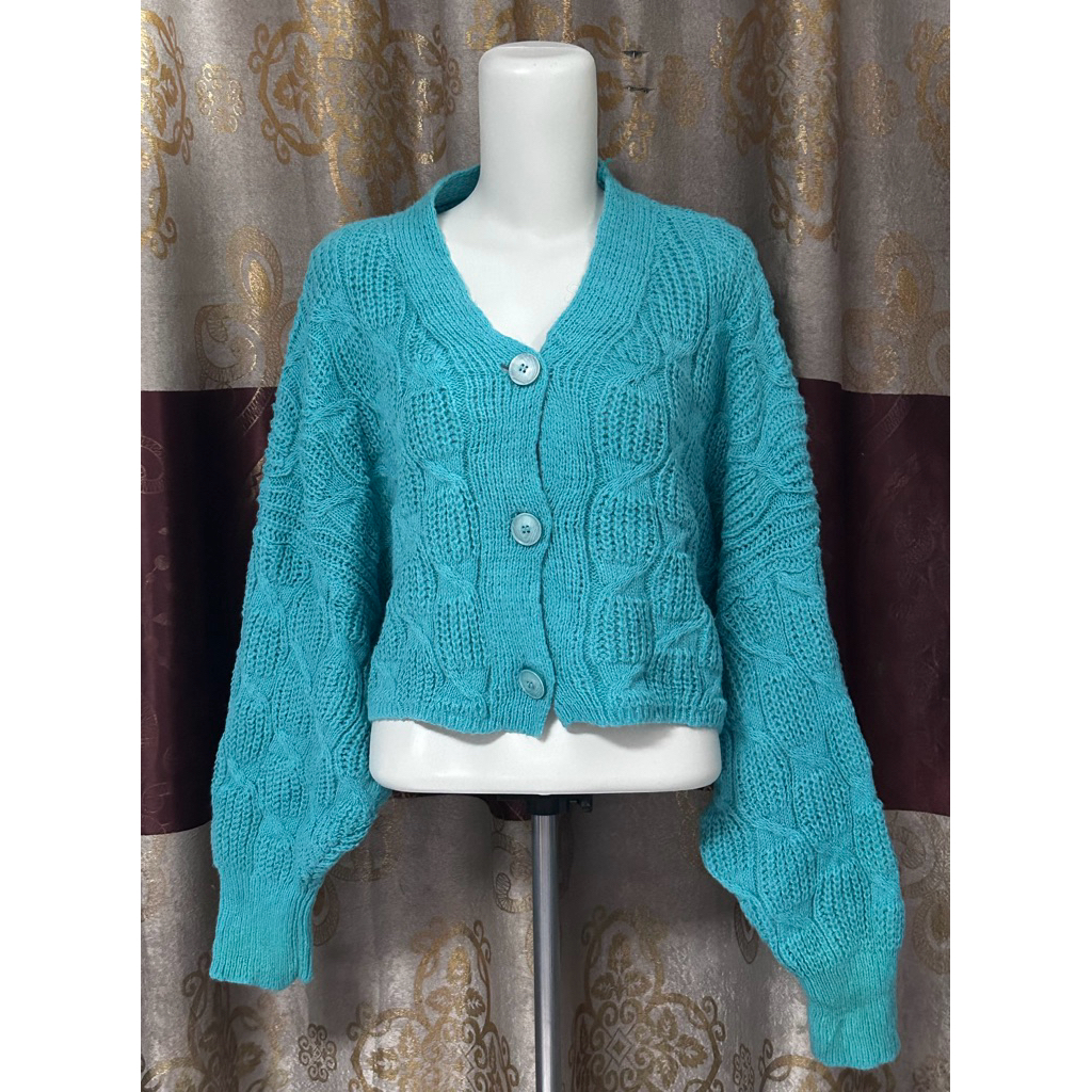 preloved cardigan rajut kepang wanita crop batwing warna hijau tosca | baju wanita kepang kekinian
