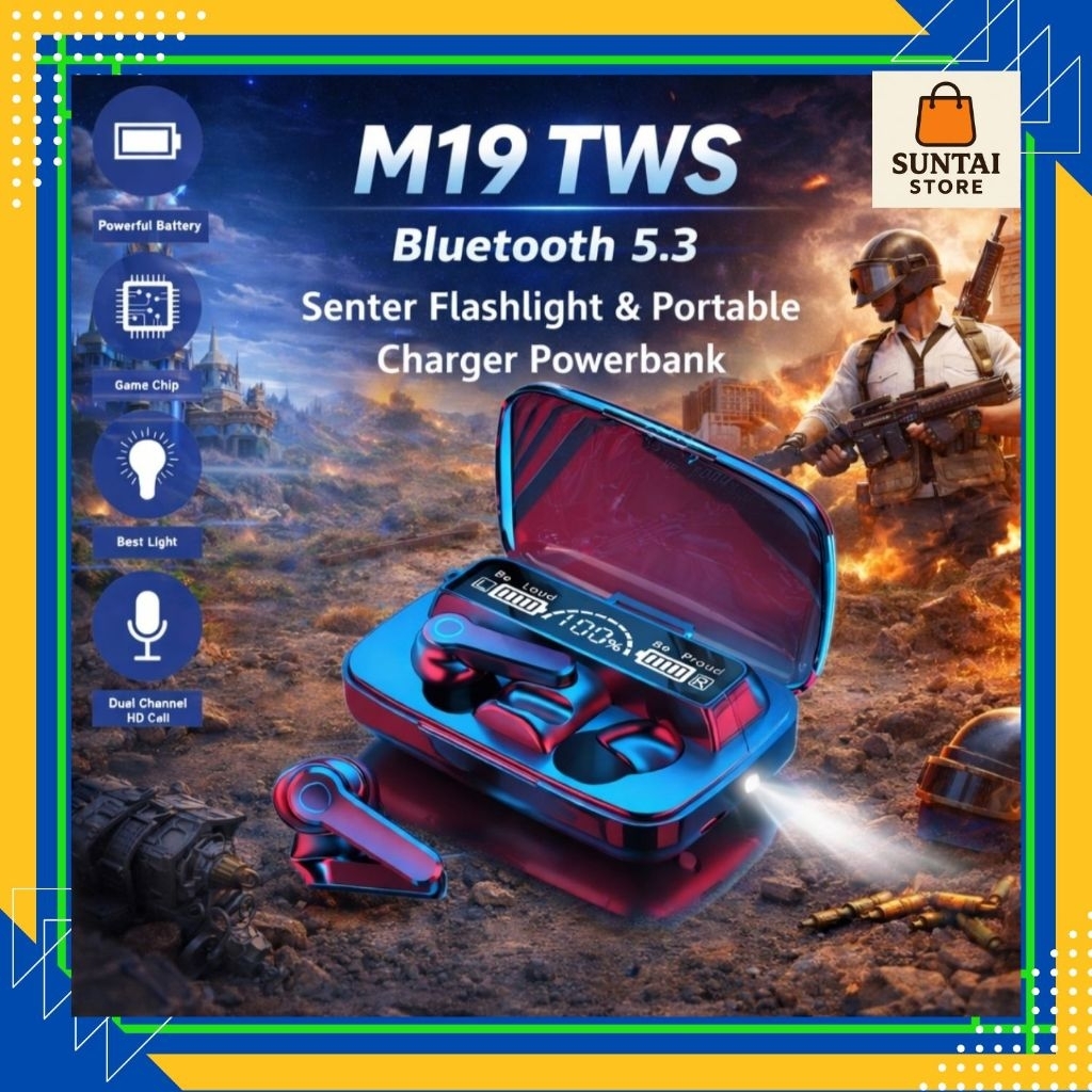 M19 Headset TWS Powerbank Gaming Bluetooth 5.3 Wireless LED Long Battery HIFi Bass Stereo Earbuds Ea