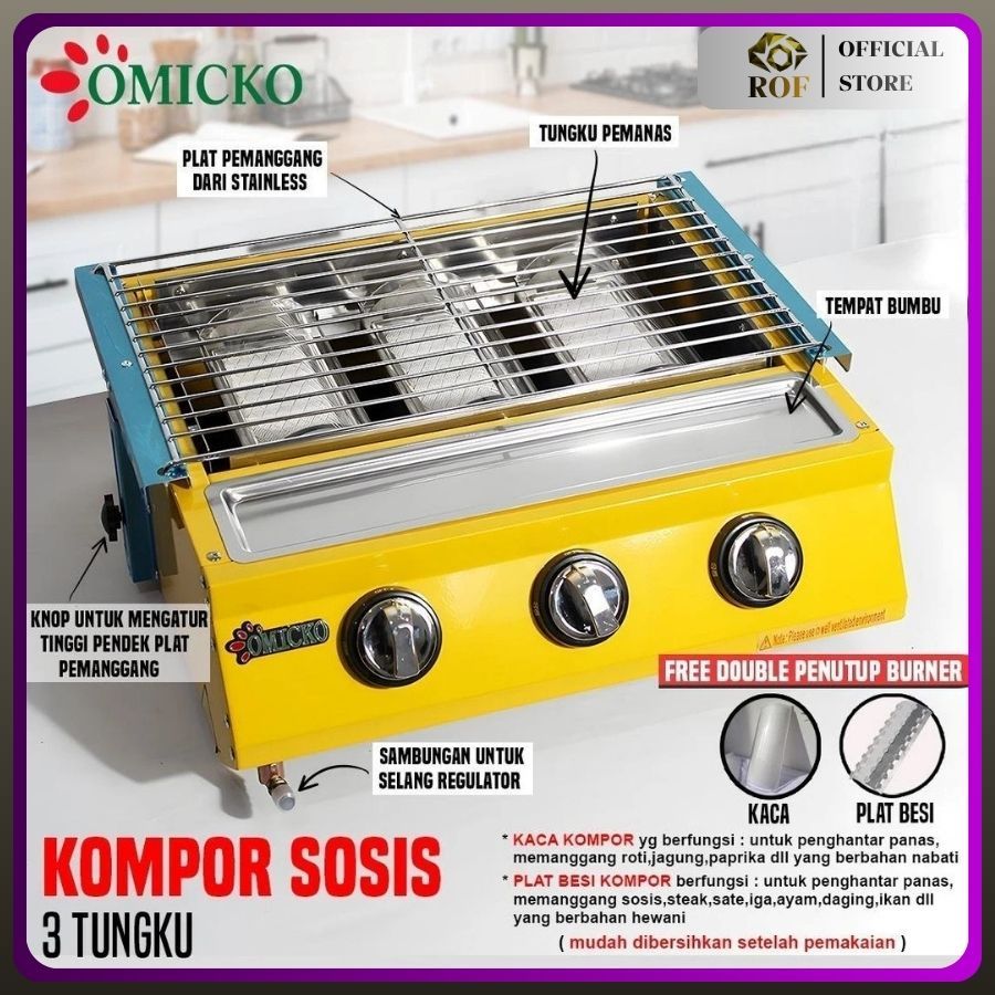 Kompor Sosis Panggang 3 Tungku Omicko - Pemanggang Sosis, Ayam, Daging, Kompor Serbaguna