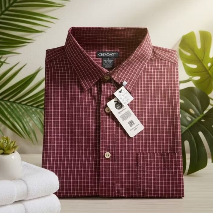 Kemeja Pria CHEROKEE Size XL – Kotak Merah Maroon | Lengan Pendek