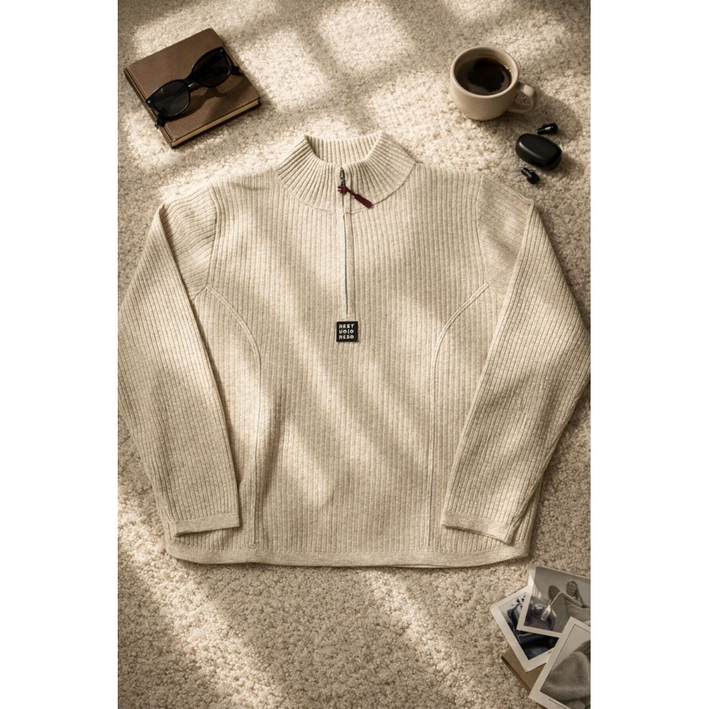 Sweater Rajut  Wanita Half Zip Mock Neck Ribbed Knit Pullover Premium All Size Fit To L - Creamy San