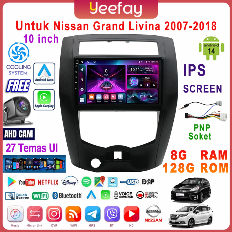 LALAHOO Untuk Nissan Livina 2007-2018  8G+128G Android 14 Head Unit Termasuk Frame/PNP Soket 10 Inch