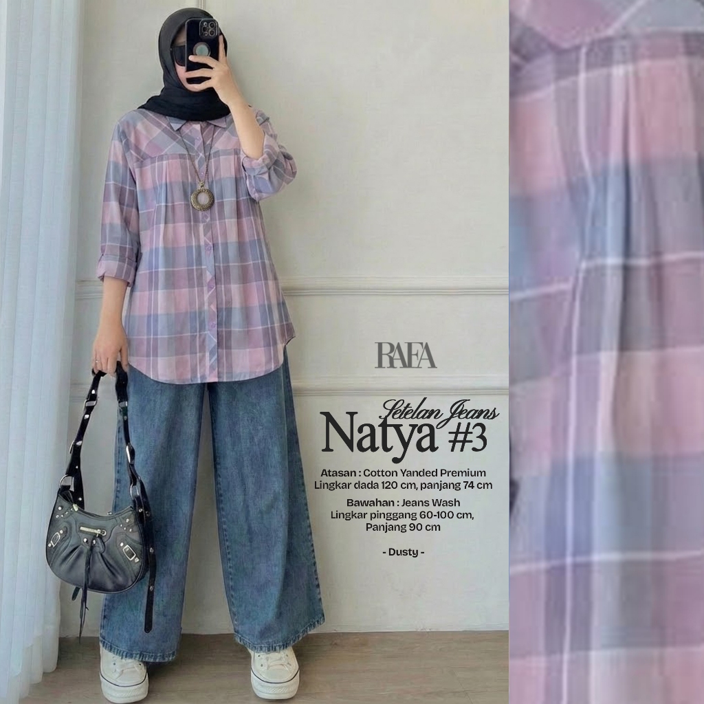 Set Wanita Kemeja + Celana Jeans Motif Kotak Bahan Katun Adem Nyaman Ukuran Jumbo