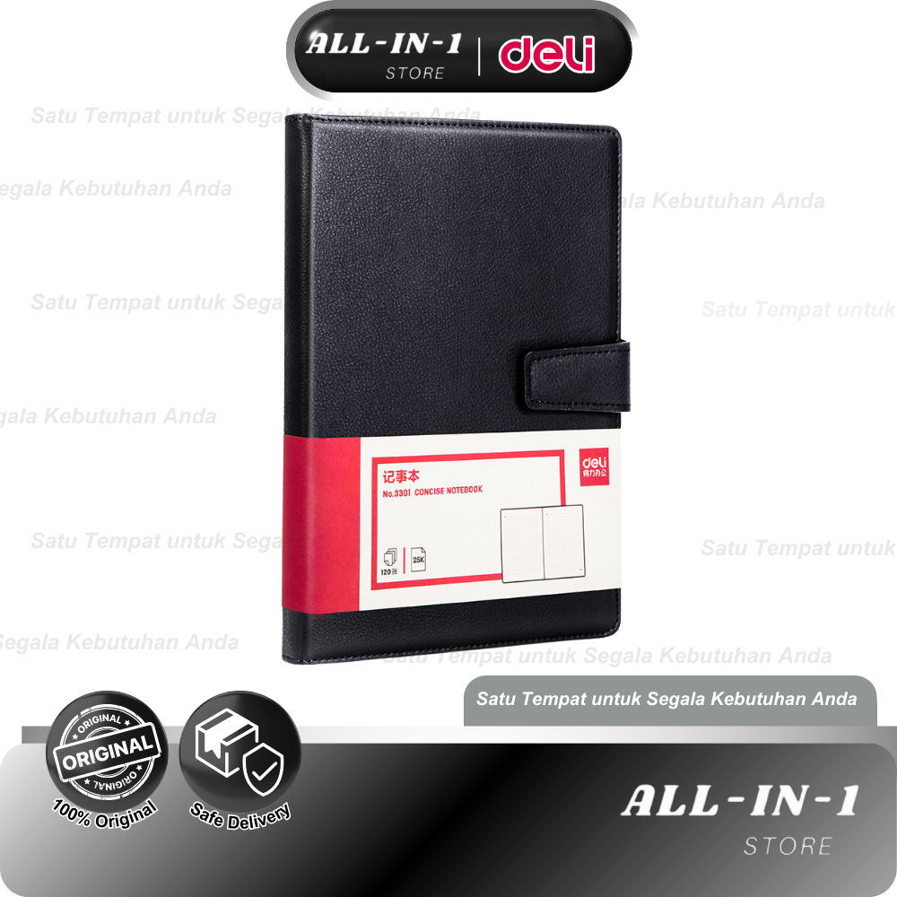 Deli 3301 Notebook Kulit 25K 120 Lembar Buku Catatan Kantor Cover Leather Hitam Premium
