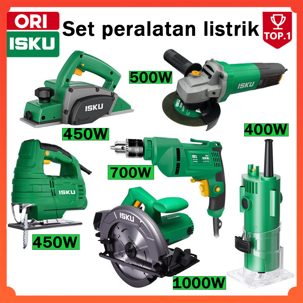 ISKU Mega Combo Set Power Tools Mesin Tukang Kayu Bor Listrik Gerinda Tangan Circular Saw Serut Plan