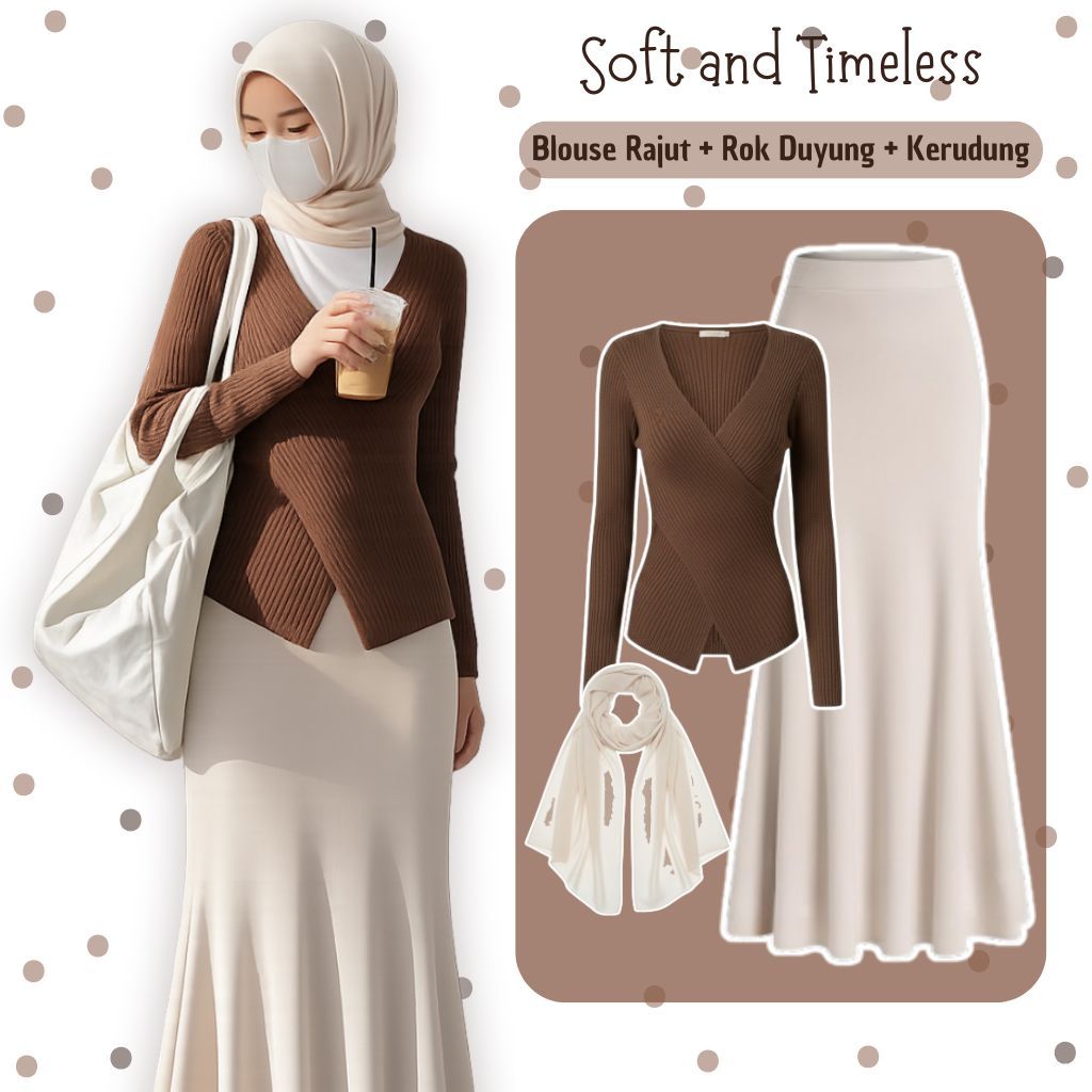 Baju One Set Remaja Korean Style ( Blouse rajut + Rok Duyung + Hijab ) Outfit Perempuan - 055