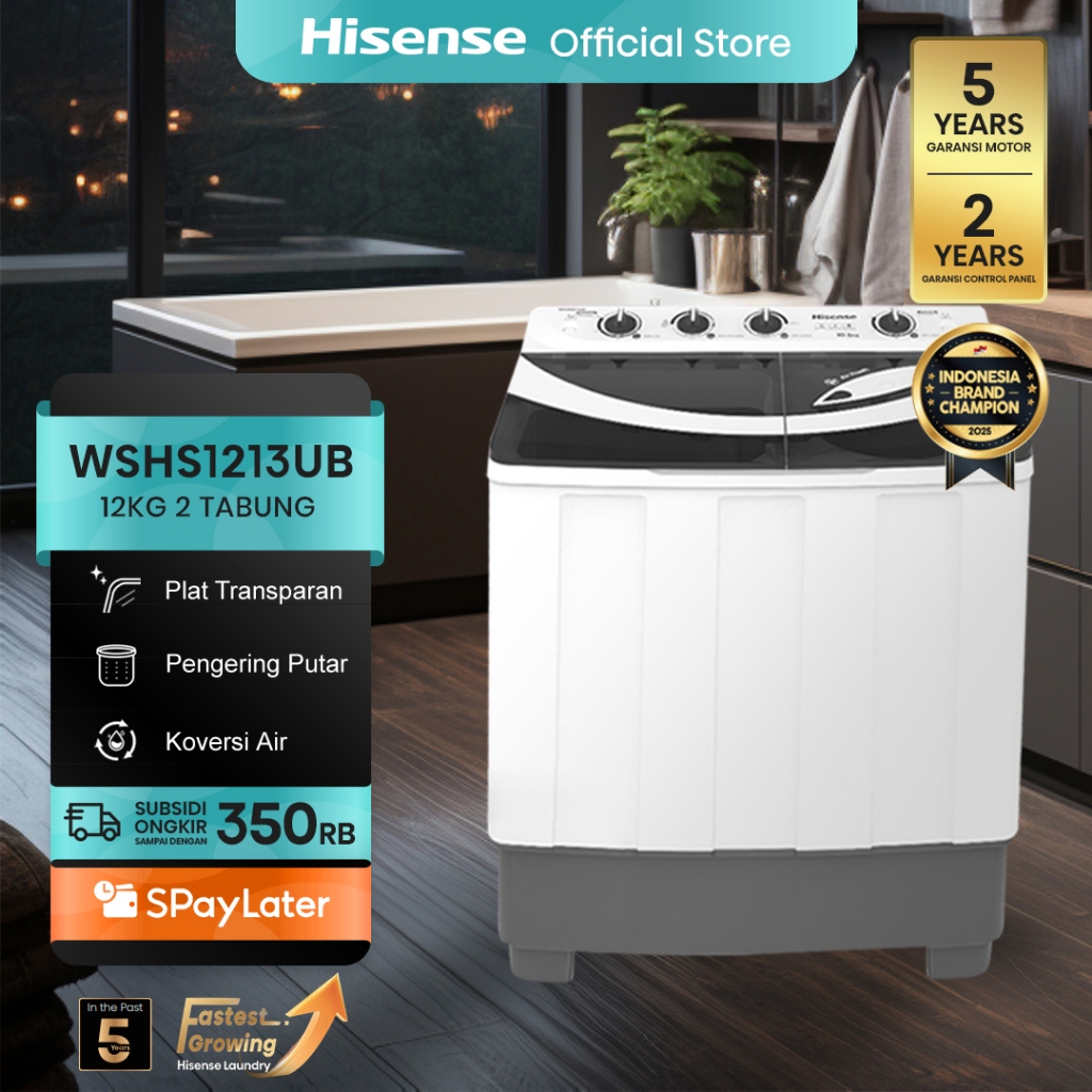 Hisense Mesin Cuci WSHS1213UB Top Loading Twintube Kapasitas 12KG 2 Tabung Bukaan Atas Pelat Penutup