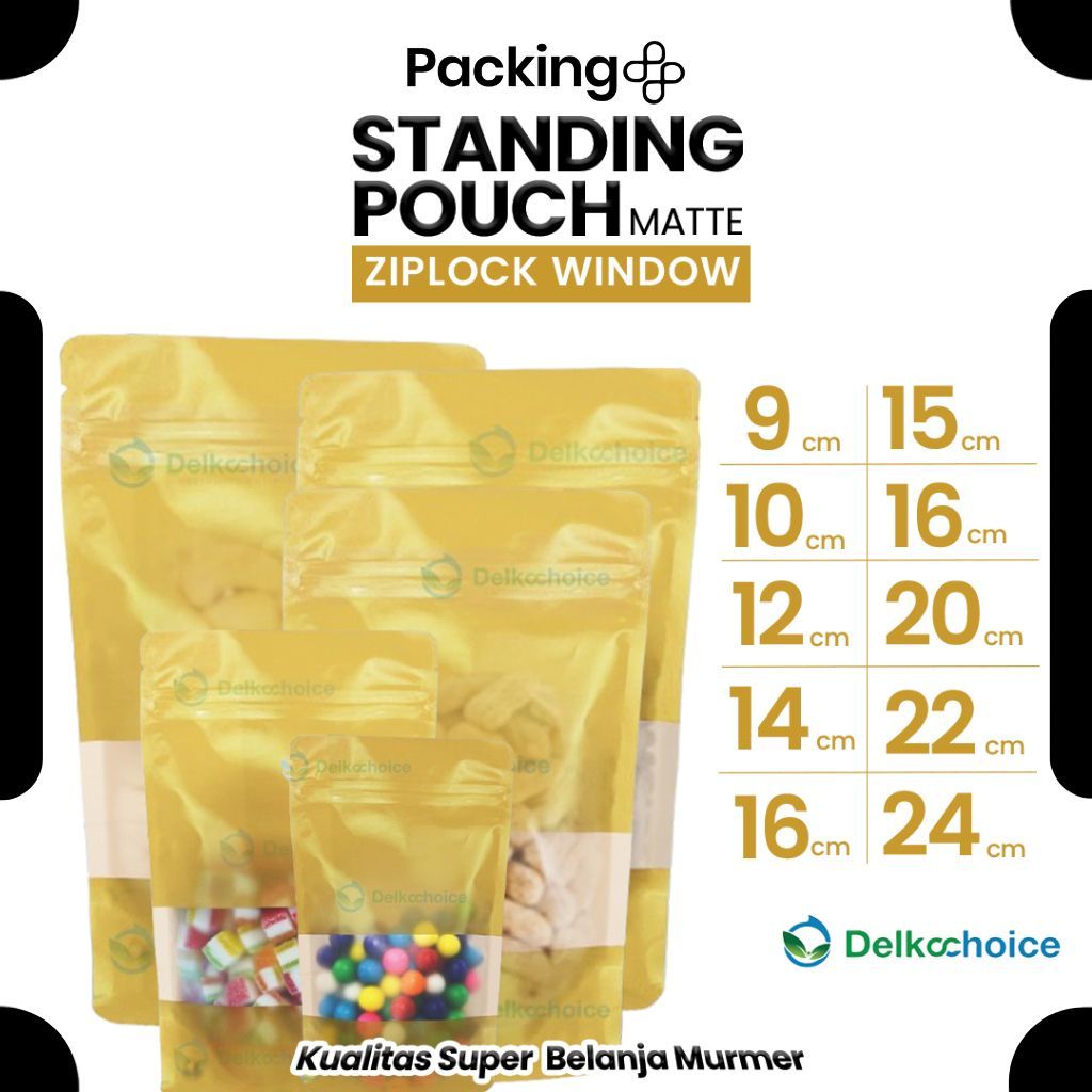 Kemasan Standing Pouch Matte Doff Window Ziplock GOLD (KUNING) / Plastik Klip Kemasan Makanan - Ecer