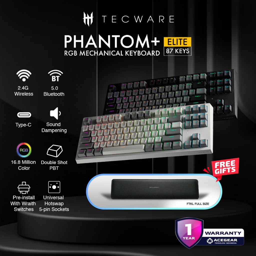 TECWARE  keyboard Phantom+ Elite 87 (TKL Mechanical Keyboard) + FREE Tecware Full-size Keyboard Wris