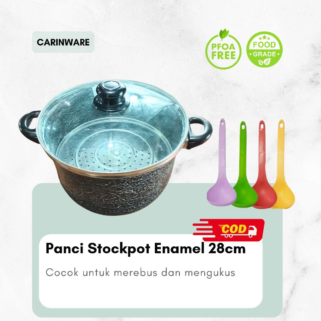 Carinware Panci kuah | panci saus | stockpot |panci enamel jumbo tutup kaca