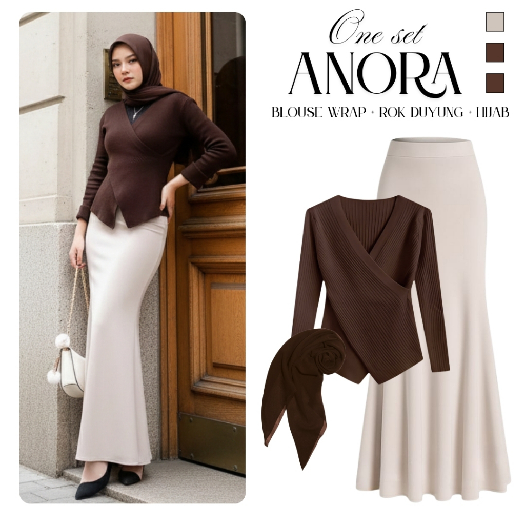 Anora Outfit Set Blouse Rok Hijab Elegan Murah ( Knitt Wrap Top  + Rok Duyung + Hijab Mahogany )  Se