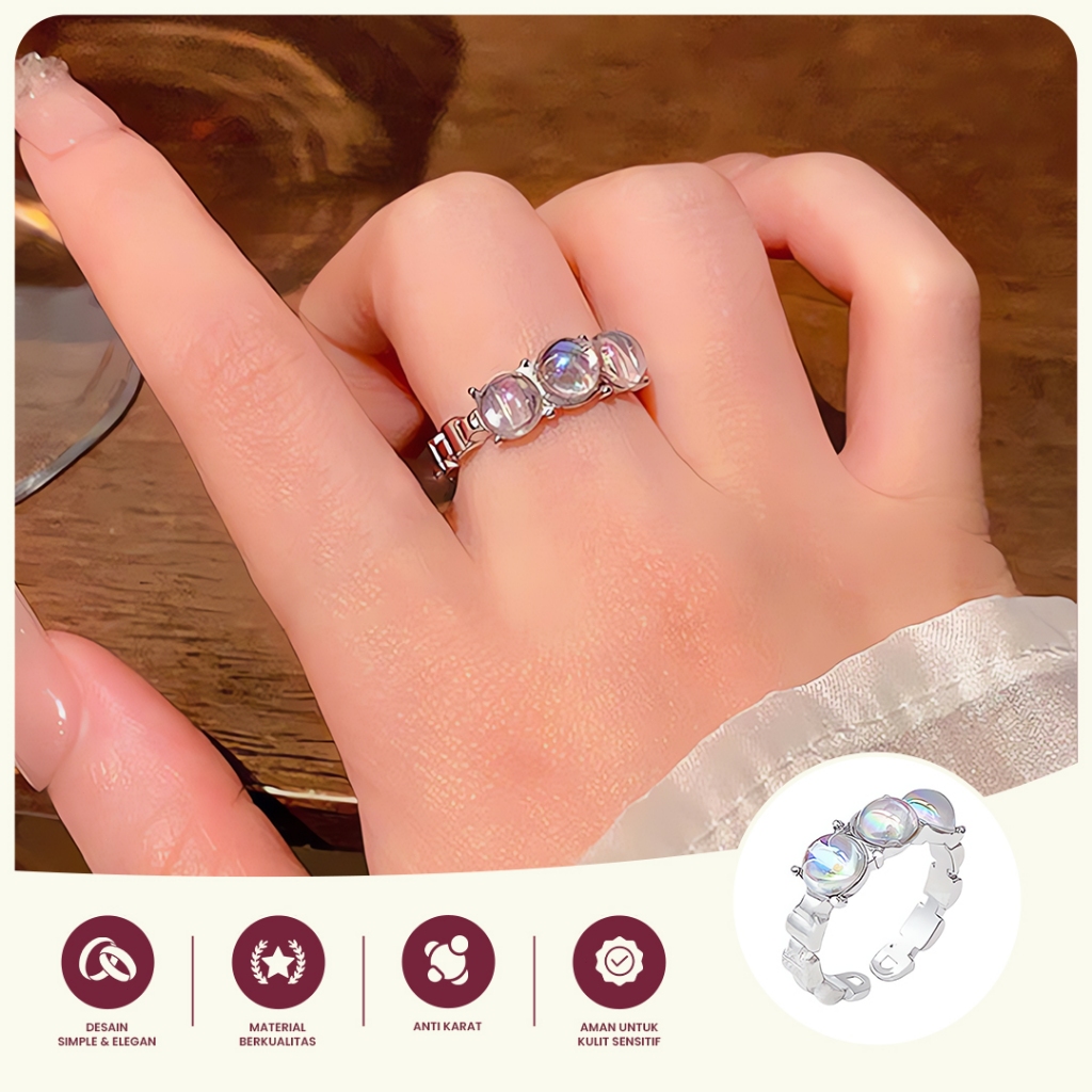 Cincin Wanita Silver Batu Opal Tiga Batu Adjustable – Cincin Korea Elegan Anti Karat