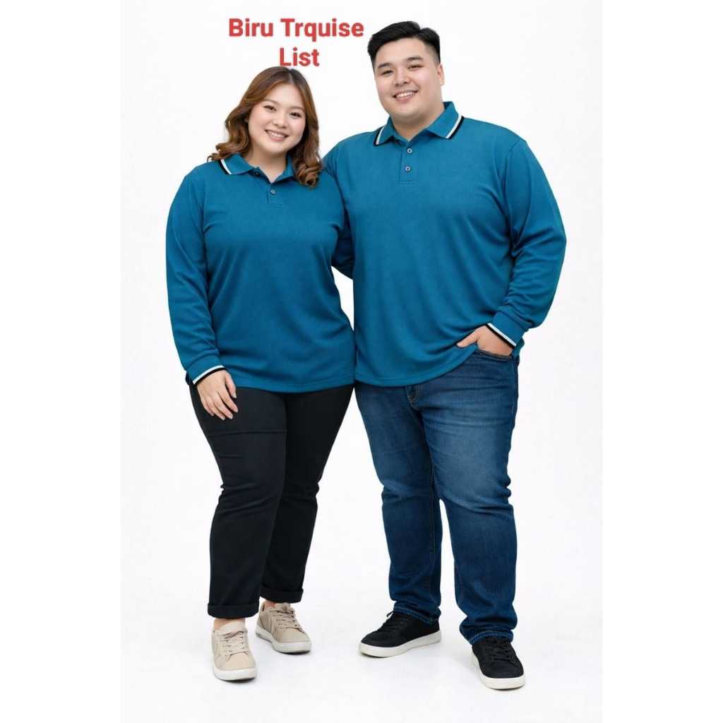 kaos kerah lengan panjang FO jumbo LIST WARNA BIRU TURKIS / kaos kerah bigsize lengan panjang / Kaos