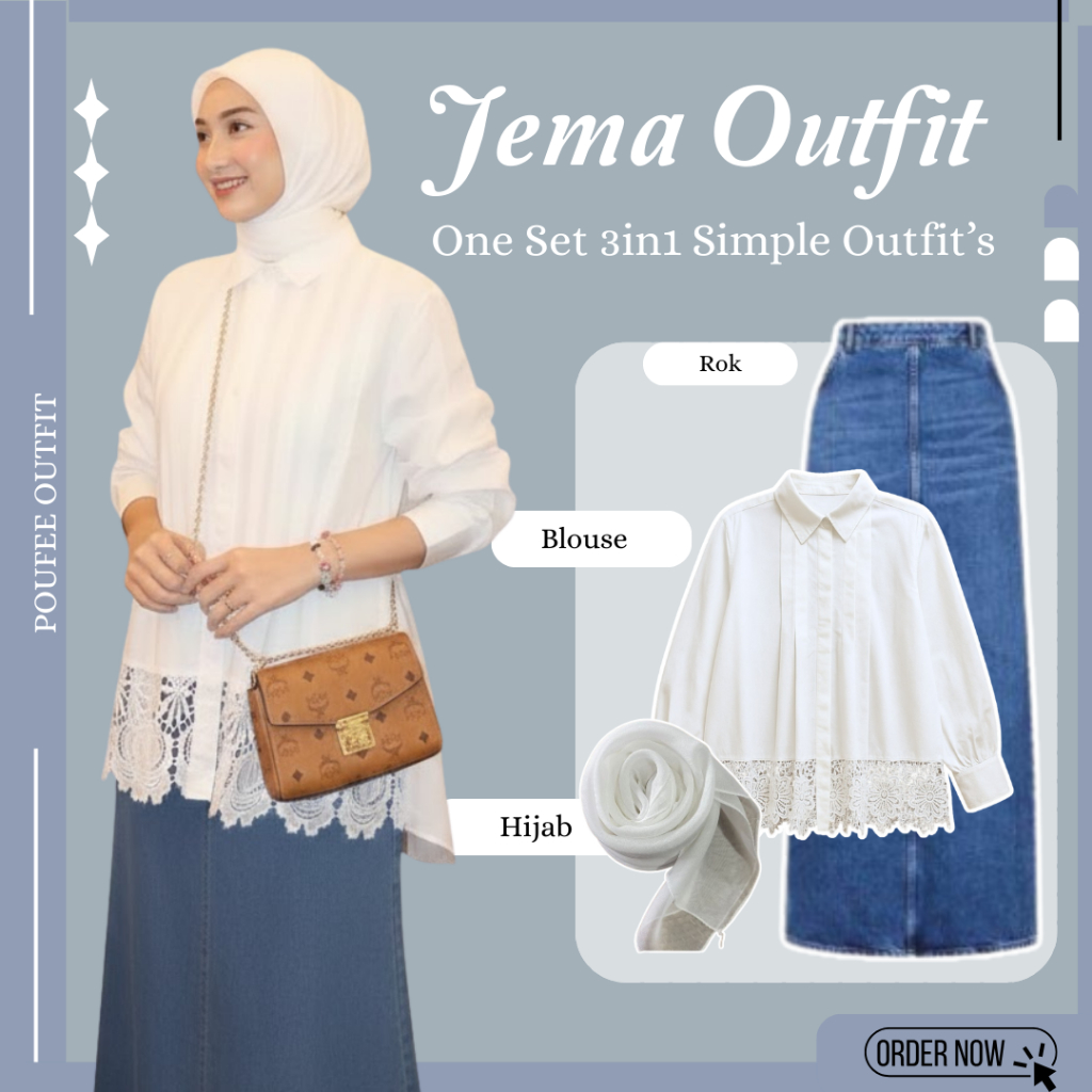 OOTD Wanita Kekinian 3in1 Set Jema Outfit (Rok Jeans - Blouse - Hijab) Outfit Feminim Look