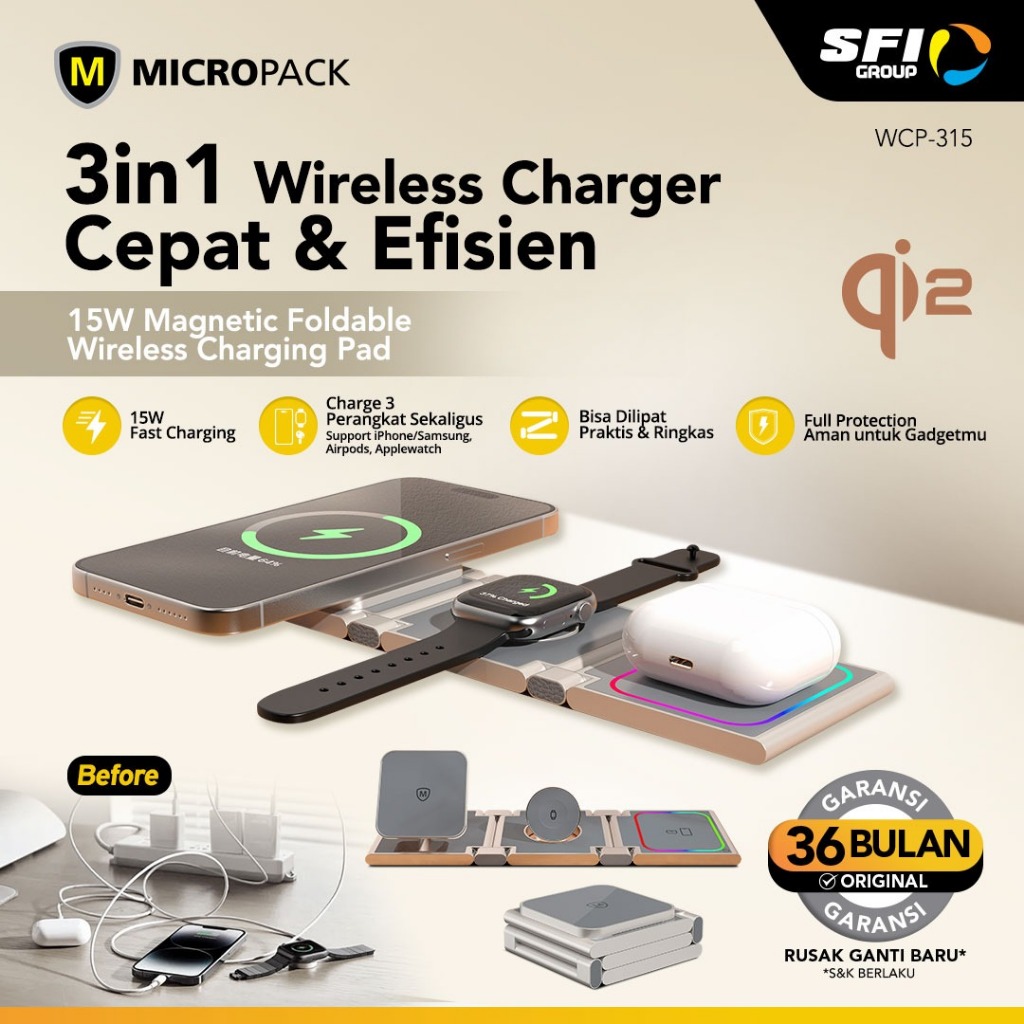 Micropack Magnetic Wireless Charging Station/Pad - Fast Charging 15watt - 3-in-1 - Foldable & Portab