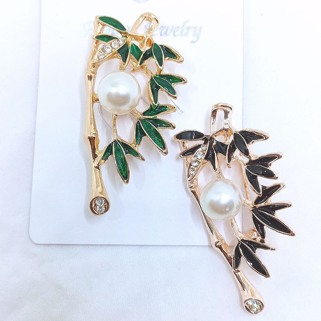 Bros Premium Dada Peniti Model Bambu Daun Hijau Dan Hitam Bros Dada Hijab Blazer Dress Kemeja Kebaya