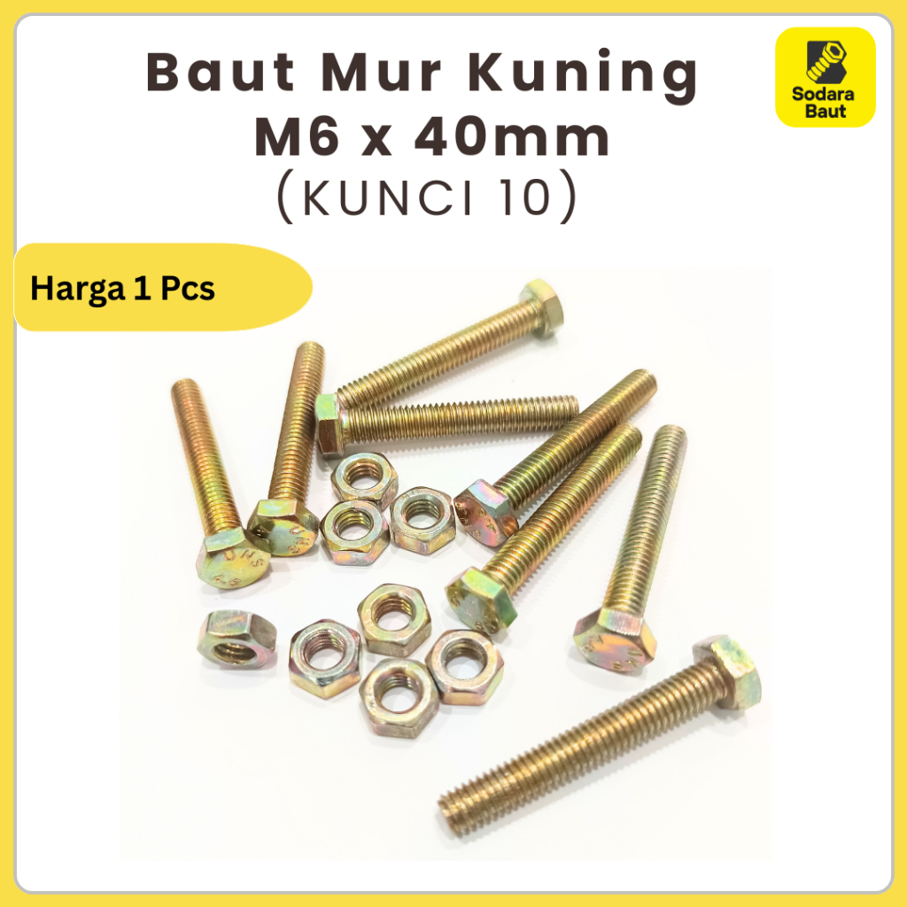 Baut M6x40mm + Mur Hexagon Kuning (KUNCI 10) | Baut 10 (6mm) x 4cm