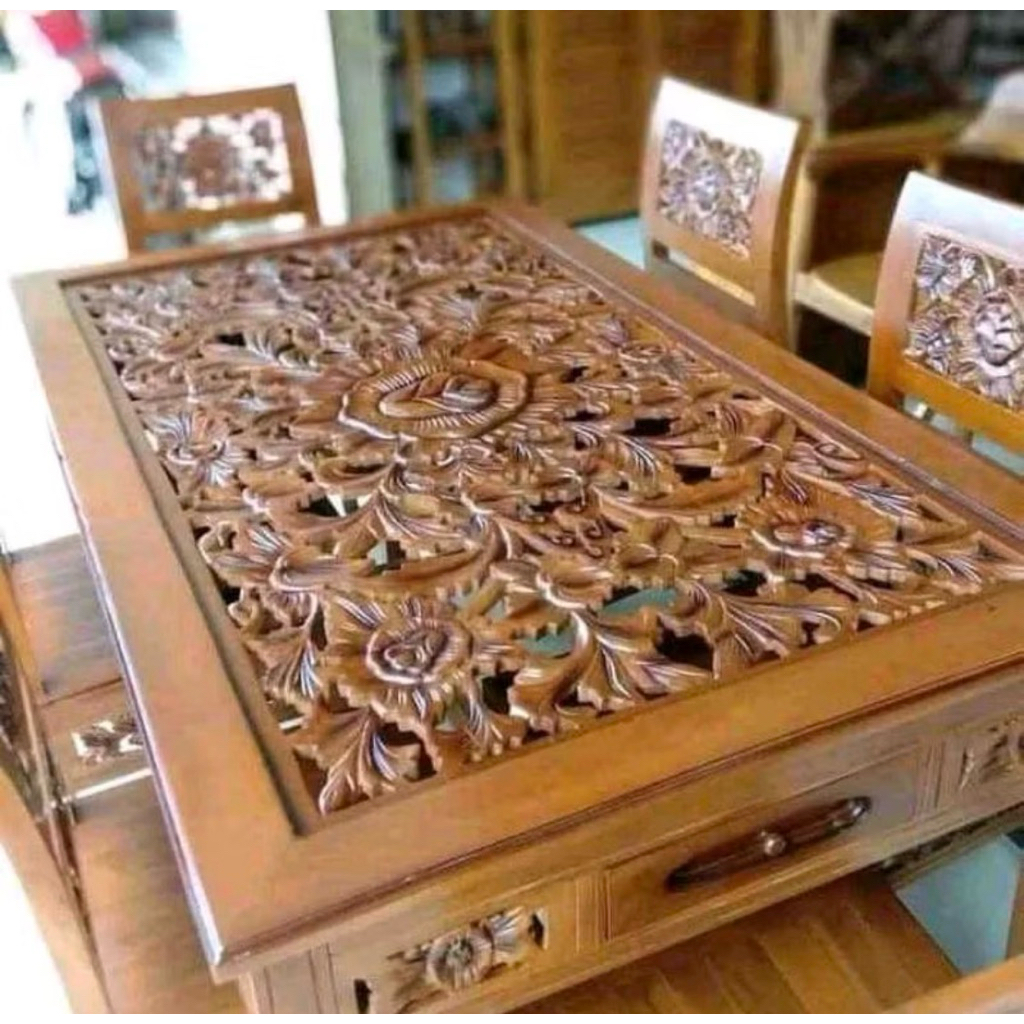 Meja makan Ukir Kayu Jati Meja Makan Ukiran Bahan Kayu Jati Free kaca meja