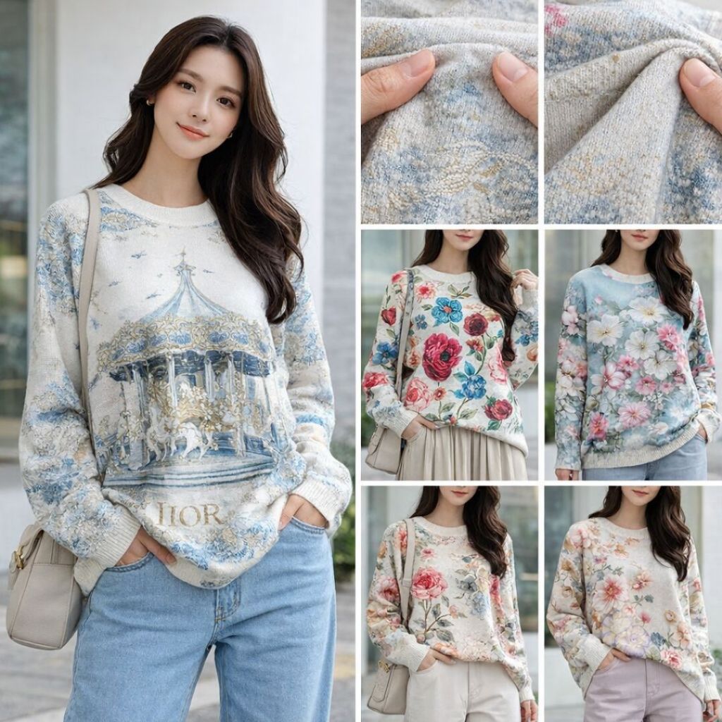 Rajut Import Wanita Premium Motif Bunga | Sweater Rajut Cewek Oversize | Atasan Rajut Wanita Kekinia