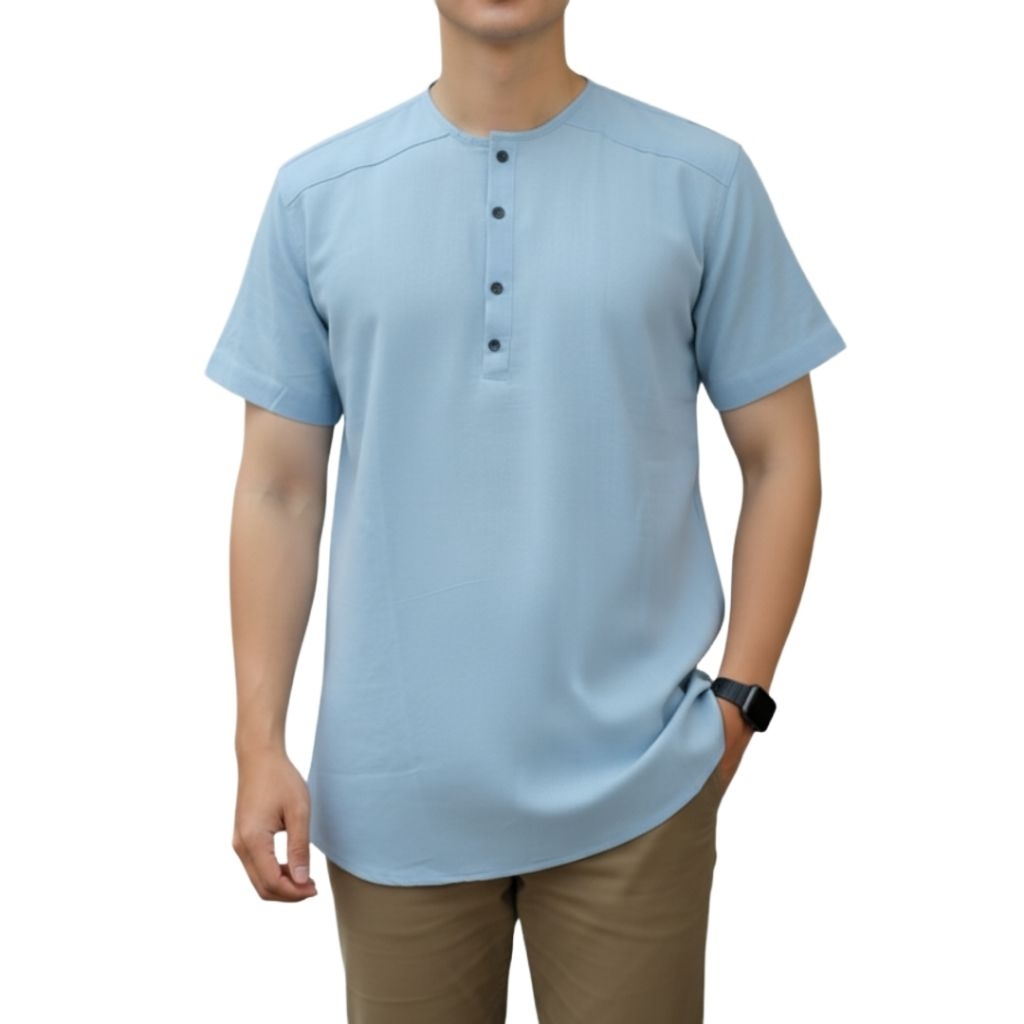 Baju Koko Pria Lengan Pendek Kurta Linen Biru Muda