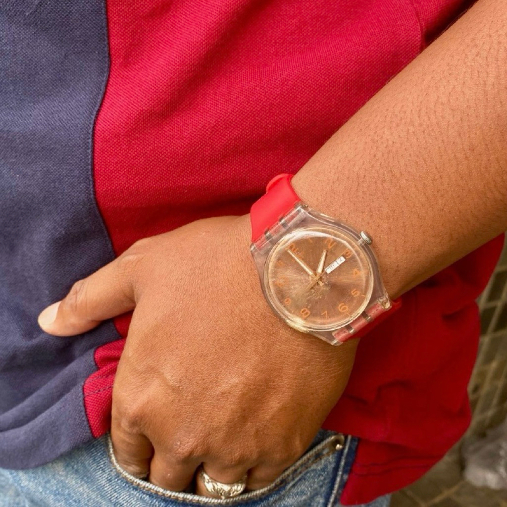 Jam Tangan Swatch Swiss Original Rubber/ Sillicon Pria/Wanita Red & Rose Gold Dial