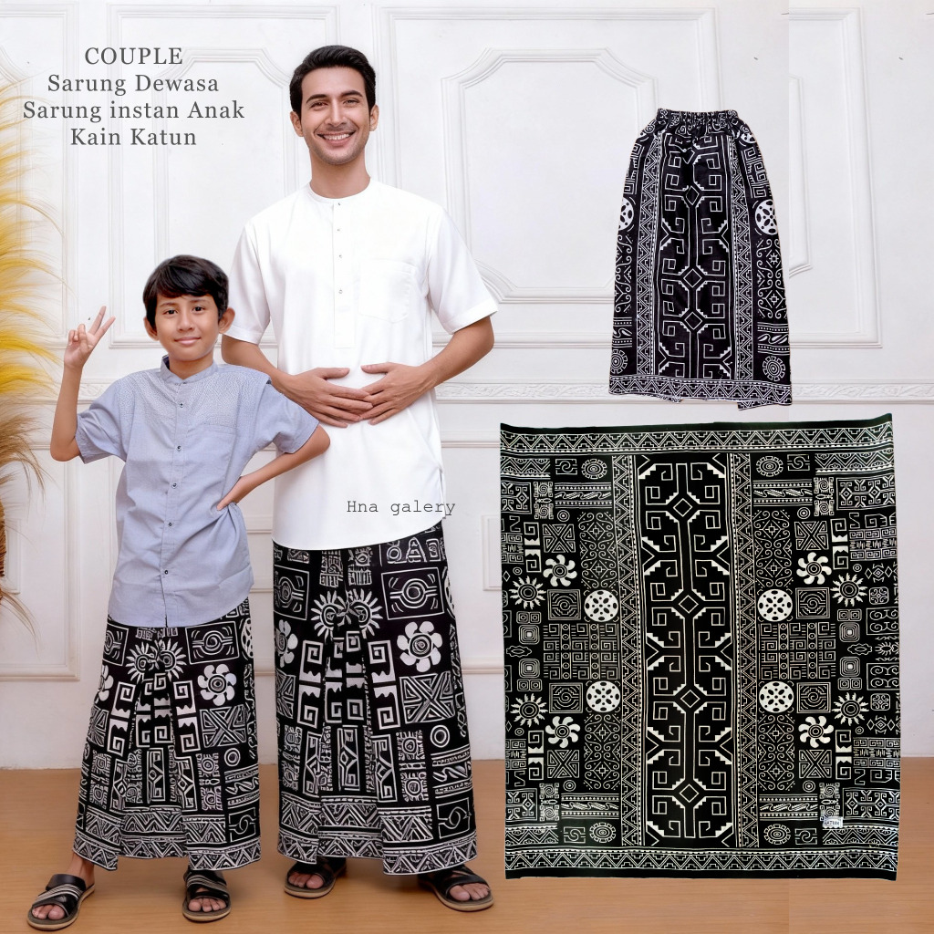COUPLE sarung ayah & sarung anak instan kain katun motif etnik putih