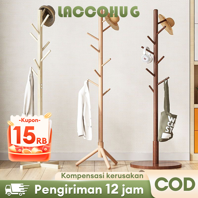 Laccohug Gantungan Kayu Hanger Hanging Topi Baju Pakaian Kamar Tas Rak Multifungsi Rak Mantel Stand