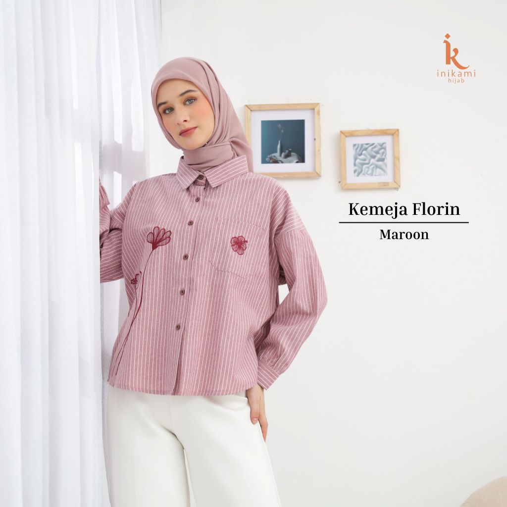 Baju Wanita - Kemeja Florin Salur Oversized Flower Embroidery Maroon By Inikami Hijab