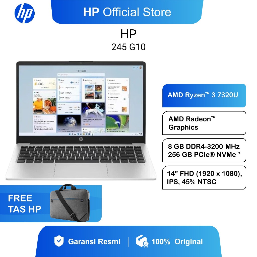 Laptop HP 245 G10 Ryzen 3 7320 Radeon 8GB RAM 256GB SSD Windows 11 14 Inch AMD Garansi 3 Tahun Promo