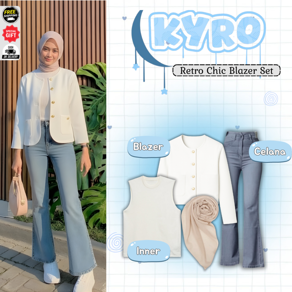 Kyro Outfit Set 4in1 Wanita ( Hijab + Inner + Blazer + Celana Jeans ) Setelan Remaja Korean Style -D