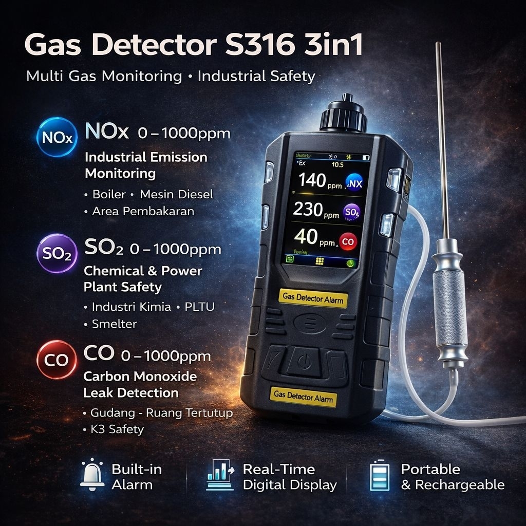 Portable Gas Detector S316, Alat Deteksi gas NOX SO2 CO, Multi Gas Detector Digital