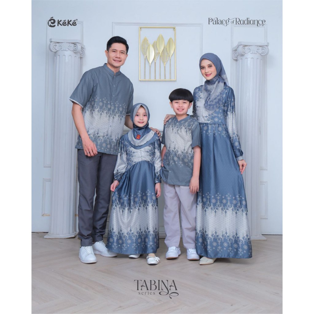 KEKE BAJU SARIMBIT MUSLIM TABINA POWDER BLUE COUPLE FAMILY KOKO & GAMIS MOTIF SILK TERBARU LEBARAN 2