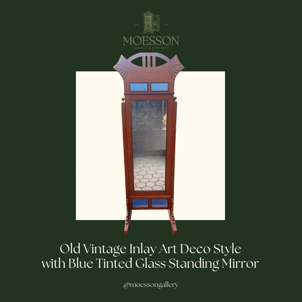 Cermin Standing Inlay Art deco dengan Kaca Patri Biru Lawas Jadul Tua