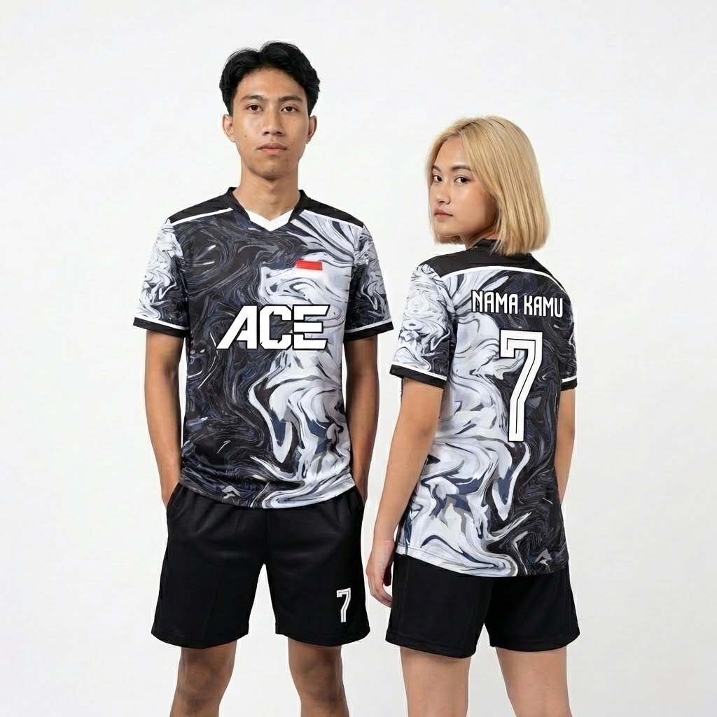 Setelan Jersey Futsal Tim Custom Nama Nomor Motif Marmer Hitam Abstrak Unisex