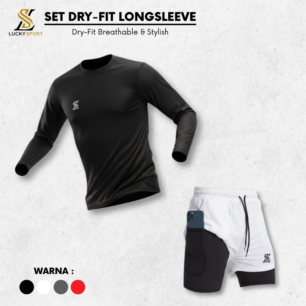 Satu stel Pakaian Olahraga Jersey Lengan Panjang dan Celana 2in1 Sporty Gym Running Pria Wanita