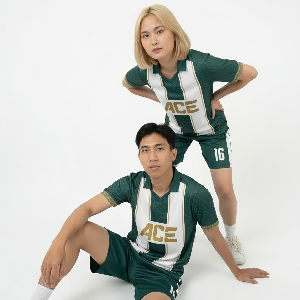 Setelan Jersey Futsal Tim Unisex Berkerah Hijau Putih Motif Garis Emas Custom