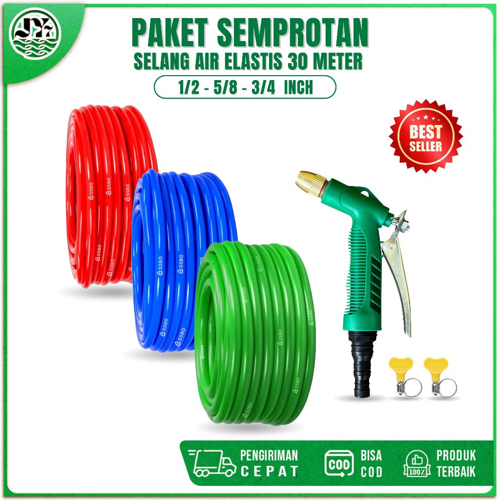 SEPAKET SEMPROTAN HITAM SELANG AIR 1/2 5/8 3/4 INCH 30 METER SELANG ELASTIS DOP SELANG JET MURAH COD